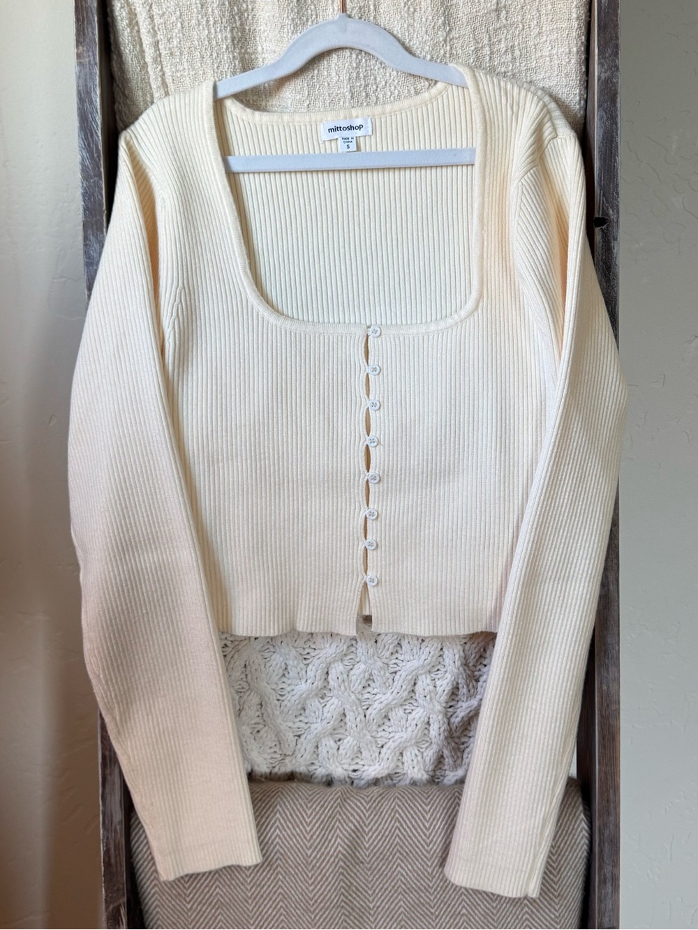 mittoshop Ivory Ribbed Square-Neck Button Cardigan